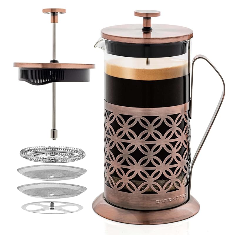 OVENTE 34oz Copper French Press with Heat Resistant Borosilicate Glass