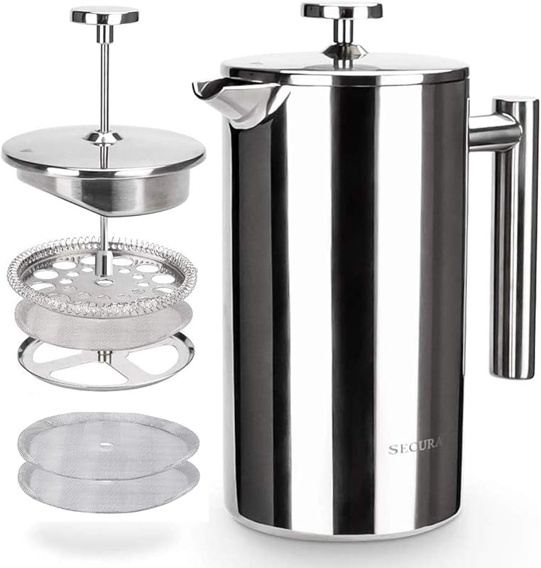 Secura 34oz 304 Stainless Steel Insulated French Press with 2 Extra Sc