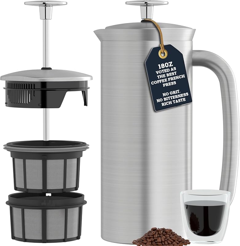 ESPRO P7 18oz Brushed Stainless Steel French Press with Patented Doubl