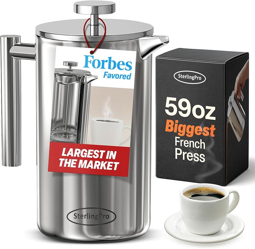 Extra Large 59 oz Stainless Steel French Press Coffee Maker with Doubl