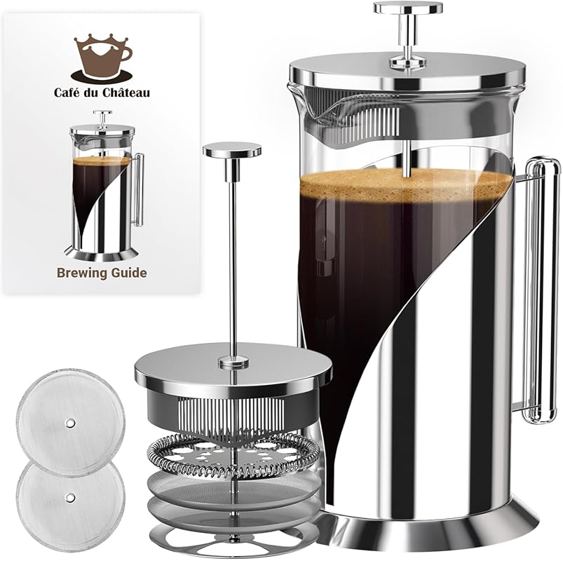 Cafe Du Chateau 34 oz Stainless Steel French Press with 4-Level Filtra