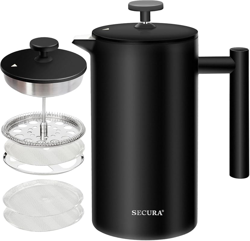 Secura 34oz Black 304 Stainless Steel Insulated French Press with 2 Ex