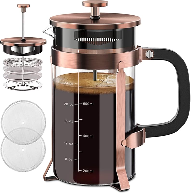 QUQIYSO 34oz Copper French Press Coffee Maker with 4 Filters, Durable
