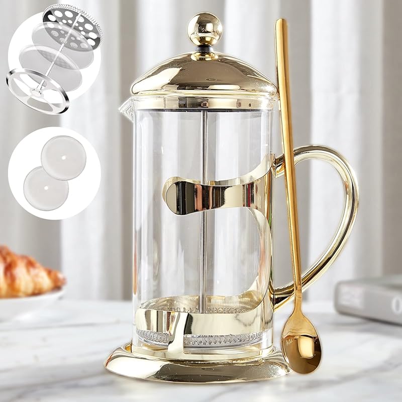 DUJUST 34oz Gold French Press with Luxury Design, 4-Level Filter Syste