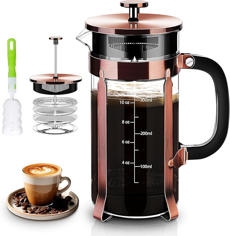 Copper 12oz French Press Coffee Maker with 4 Filter System, Heat Resis