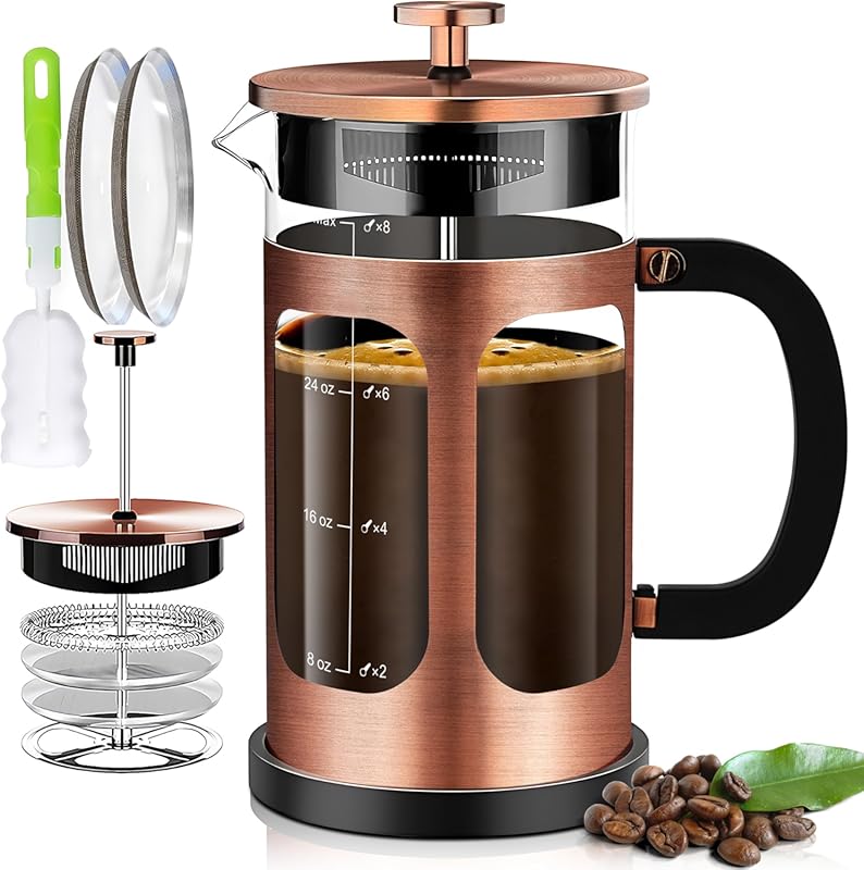 Copper 34oz French Press Coffee Maker with 4 Filter System, Heat Resis