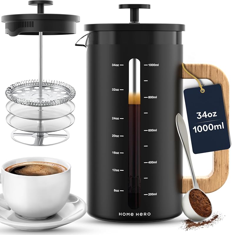 Home Hero French Press Coffee Maker 34 oz with Bamboo Handle, Heat-Res