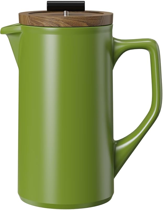 DHPO 22oz Green Ceramic French Press with Walnut Wood Lid, Lead-Free,
