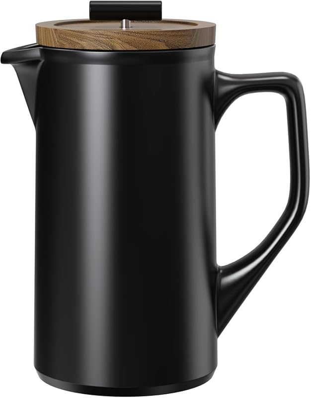 DHPO Ceramic French Press Coffee Maker 22 oz Single Serve with Walnut