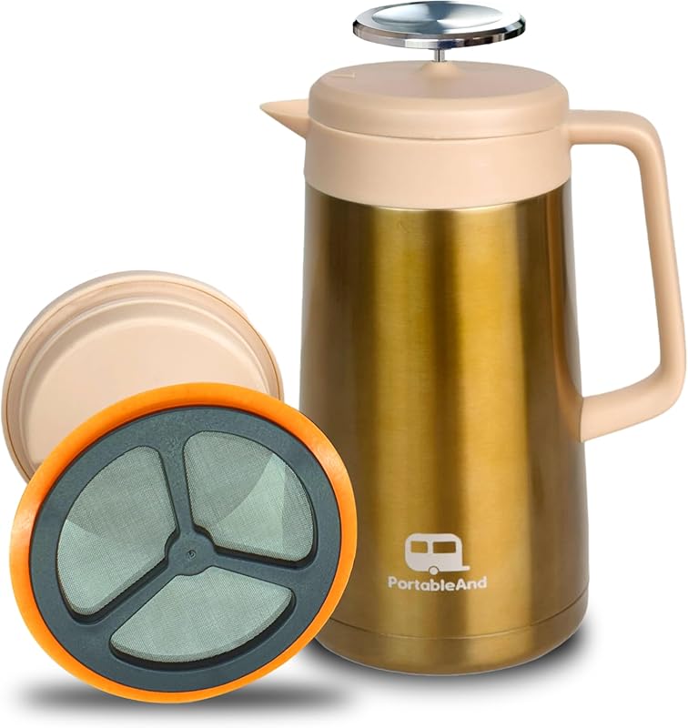 PortableAnd 34 oz Double Vacuum Insulated Silicone French Press Coffee