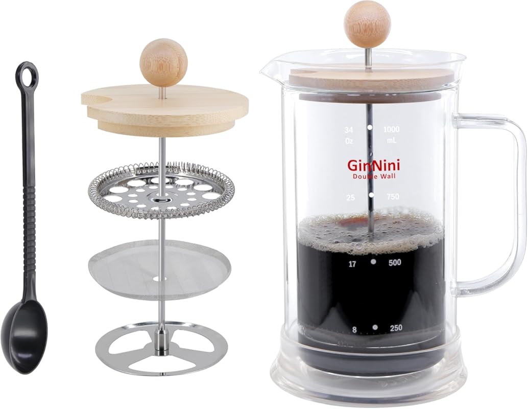 34 oz Plastic-Free Double Wall Glass French Press with Bamboo Knob, St