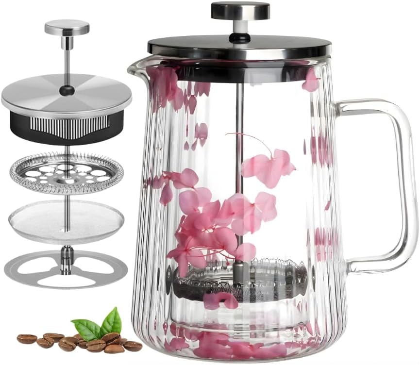Pink Floral 22oz Glass French Press with Double-Wall Borosilicate Glas