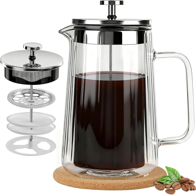 Glass 34oz French Press Coffee Maker with Double Wall Heat-Resistant B