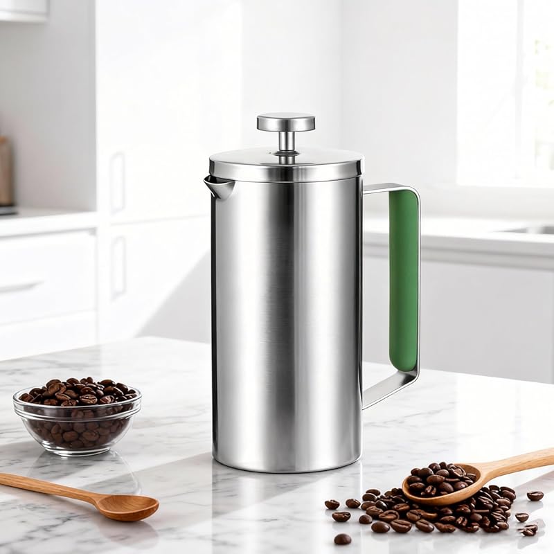 Stainless Steel 21oz French Press Coffee Maker with Green Handle, Port
