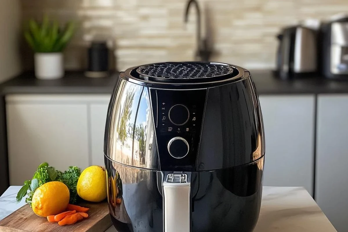 Air fryer basket with stainless steel rack, parchment liner, and silicone accessory in a modern kitchen