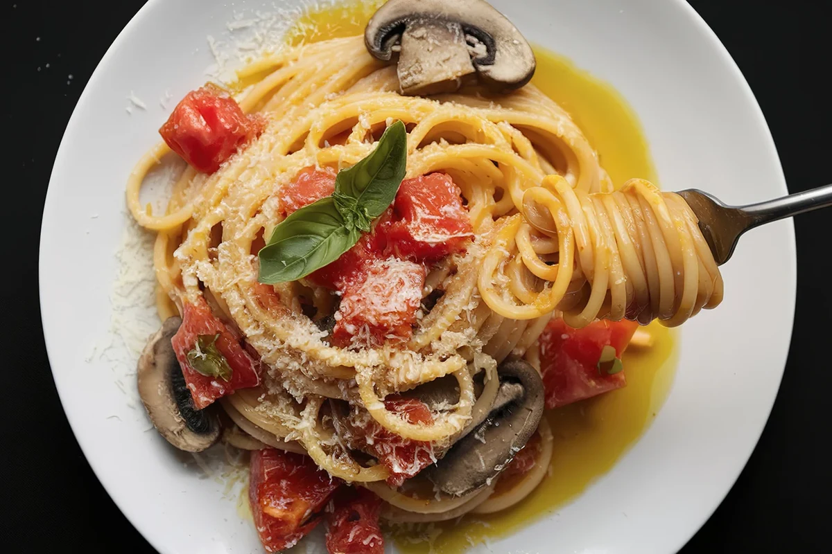 Bowl of al dente spaghetti with sauce on a simple kitchen table