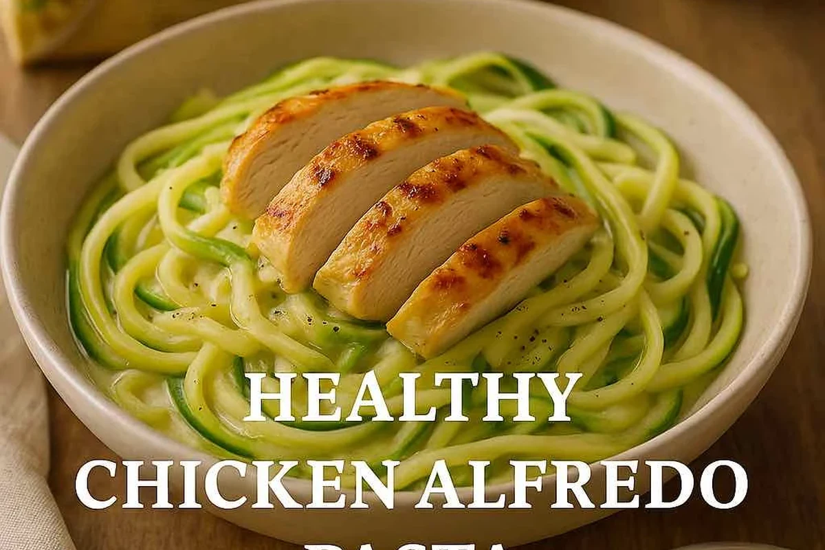 Creamy Alfredo pasta with broccoli and grilled chicken in a white bowl