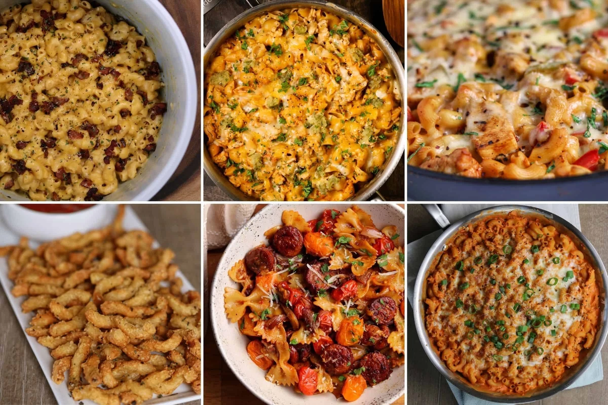 Banza chickpea pasta in a bowl with tomato sauce and vegetables in a bright kitchen