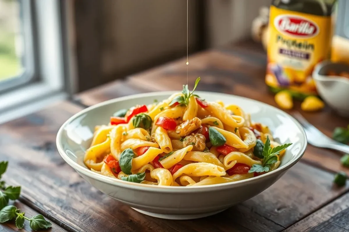 Bowl of Barilla protein pasta with tomato sauce, vegetables, and herbs on a kitchen table