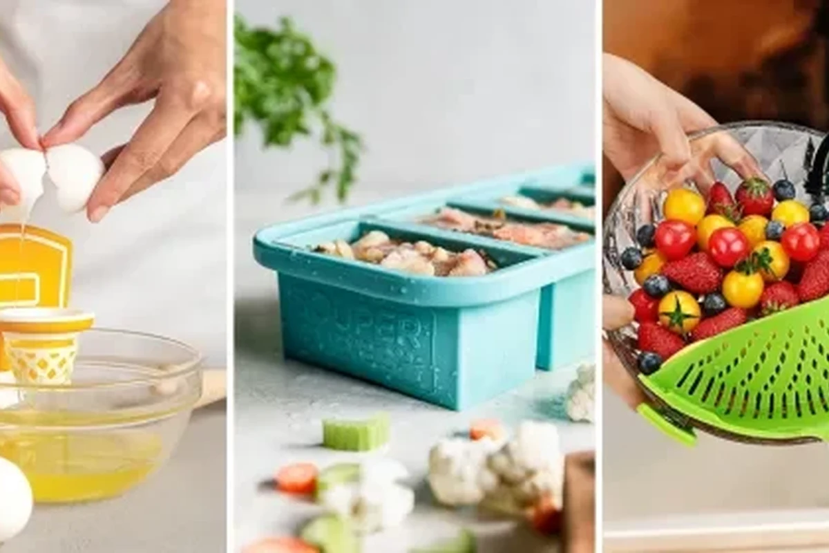 Air fryer basket with crispy chicken, fries, and vegetables on a kitchen counter