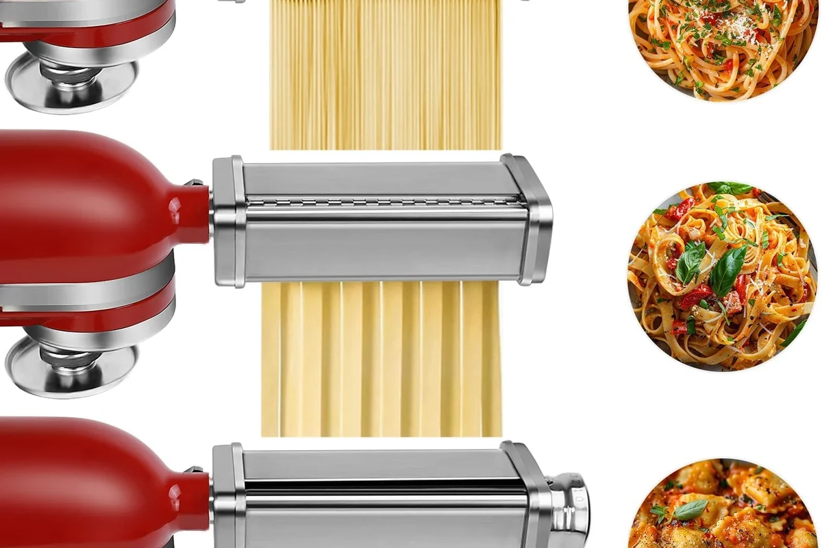 Fresh pasta packages in a refrigerated market case with a shopper choosing dinner pasta