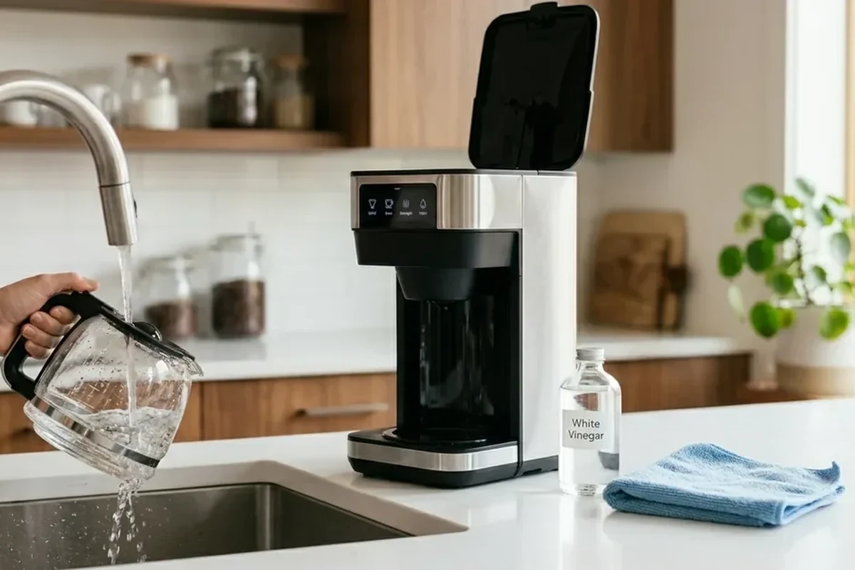 French press coffee maker with glass carafe, lid, and plunger on a kitchen counter