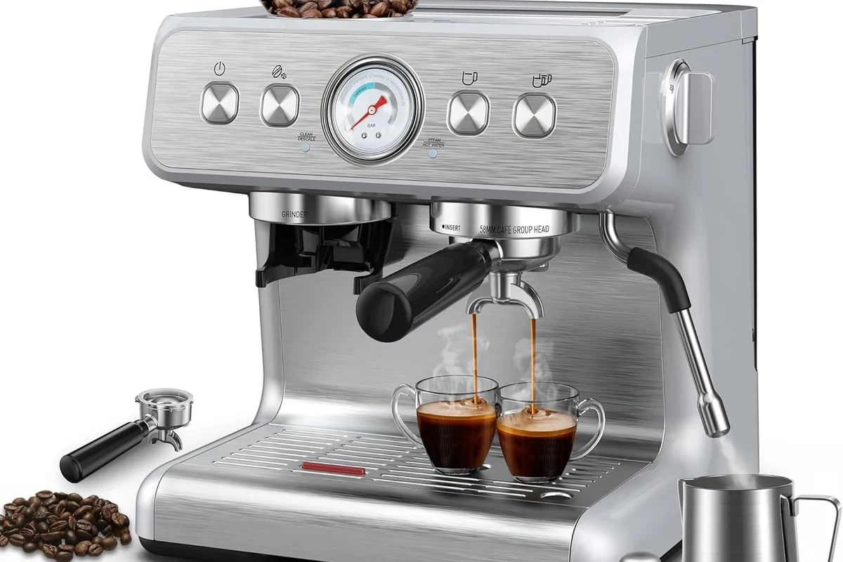 French press coffee maker with coarse grounds, hot water, and a finished cup on a kitchen counter