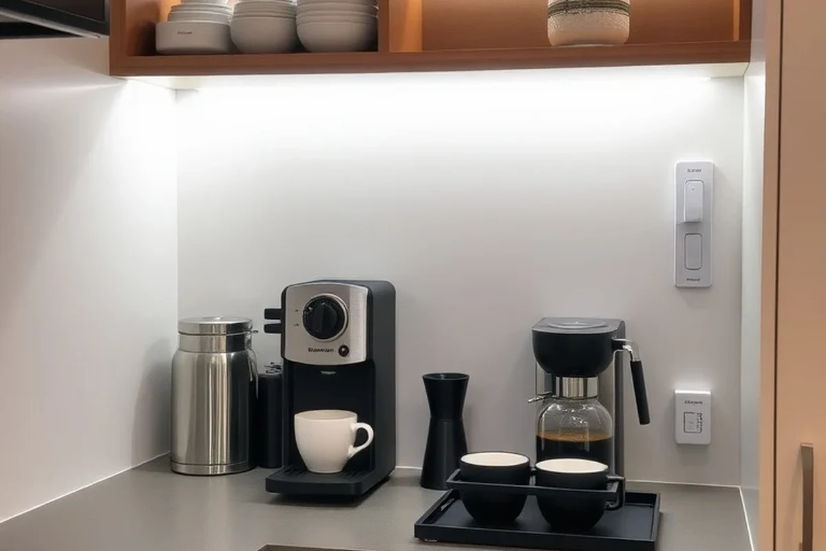 French press coffee maker with grounds, hot water, and a kitchen counter setup