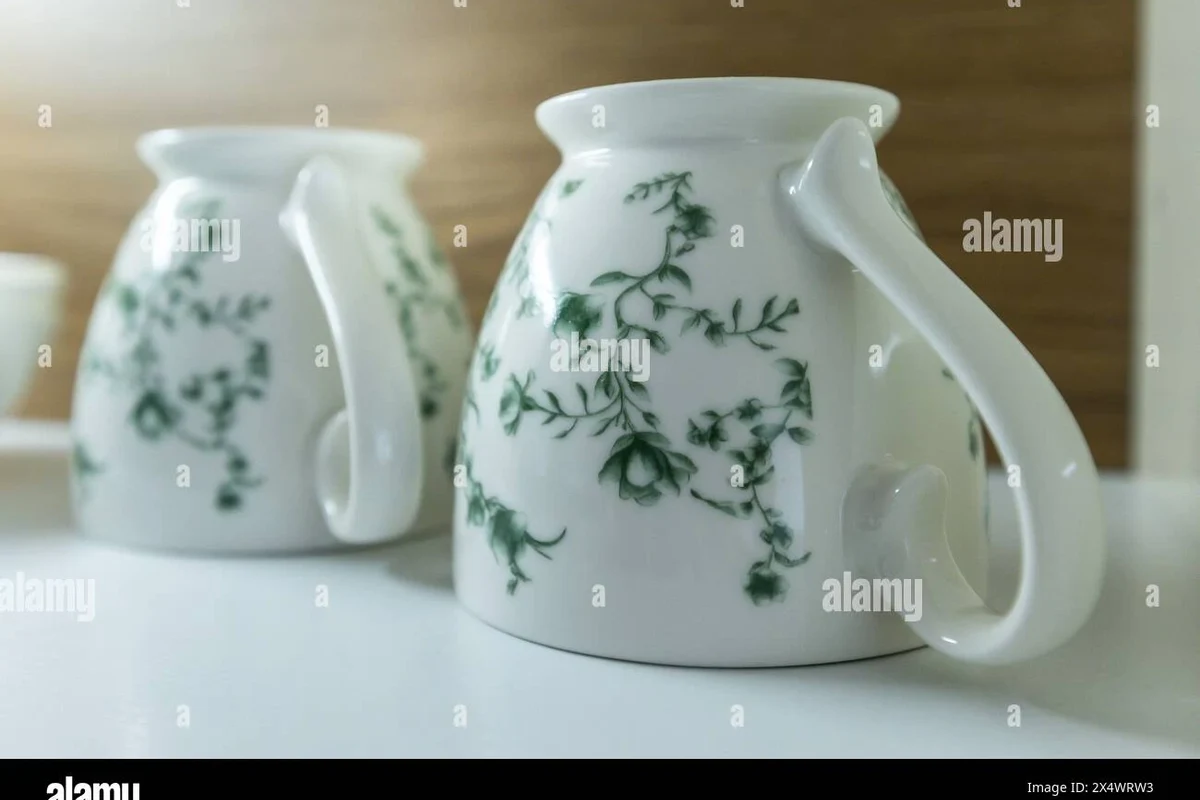 Coffee mugs stored upside down on a clean kitchen shelf in a cabinet
