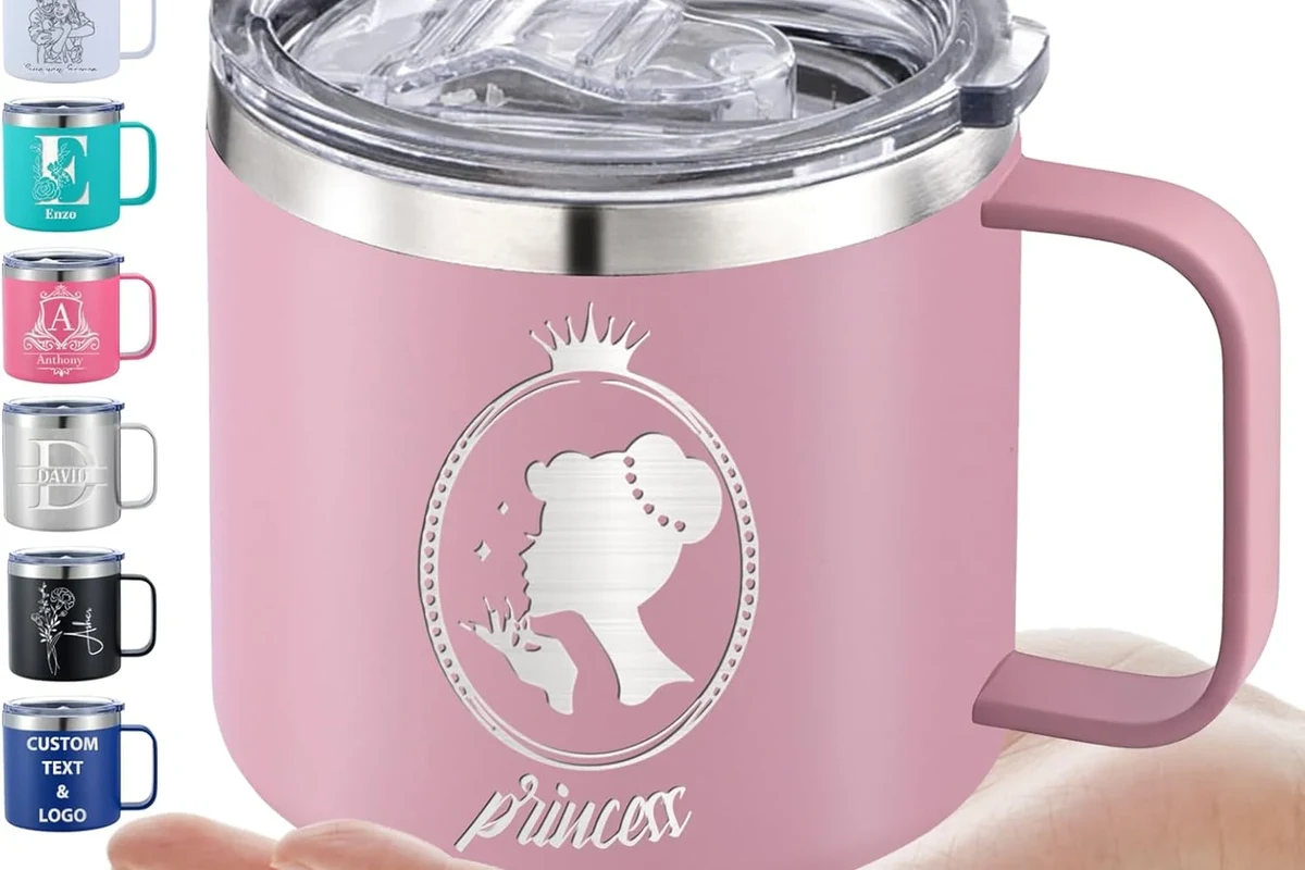 Custom coffee mug gift ideas with vinyl, paint pens, and photo design supplies on a kitchen table