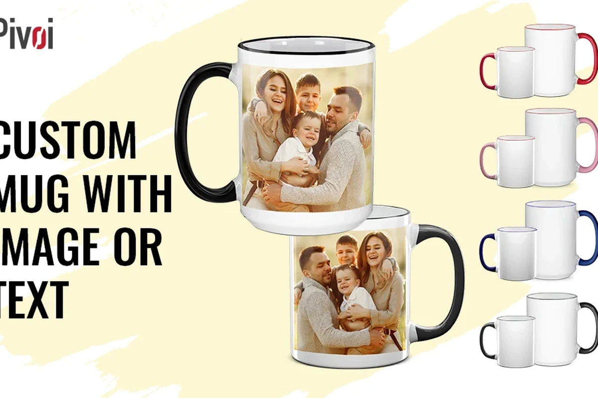 Custom coffee mug gift ideas with vinyl, paint pens, and photo design supplies on a kitchen table