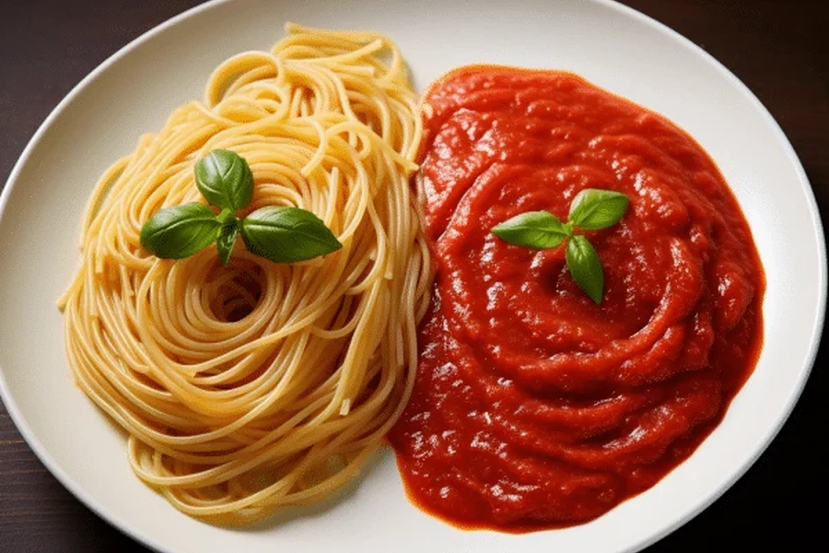 Two bowls of red tomato sauces, one light marinara and one thicker pasta sauce, on a kitchen counter