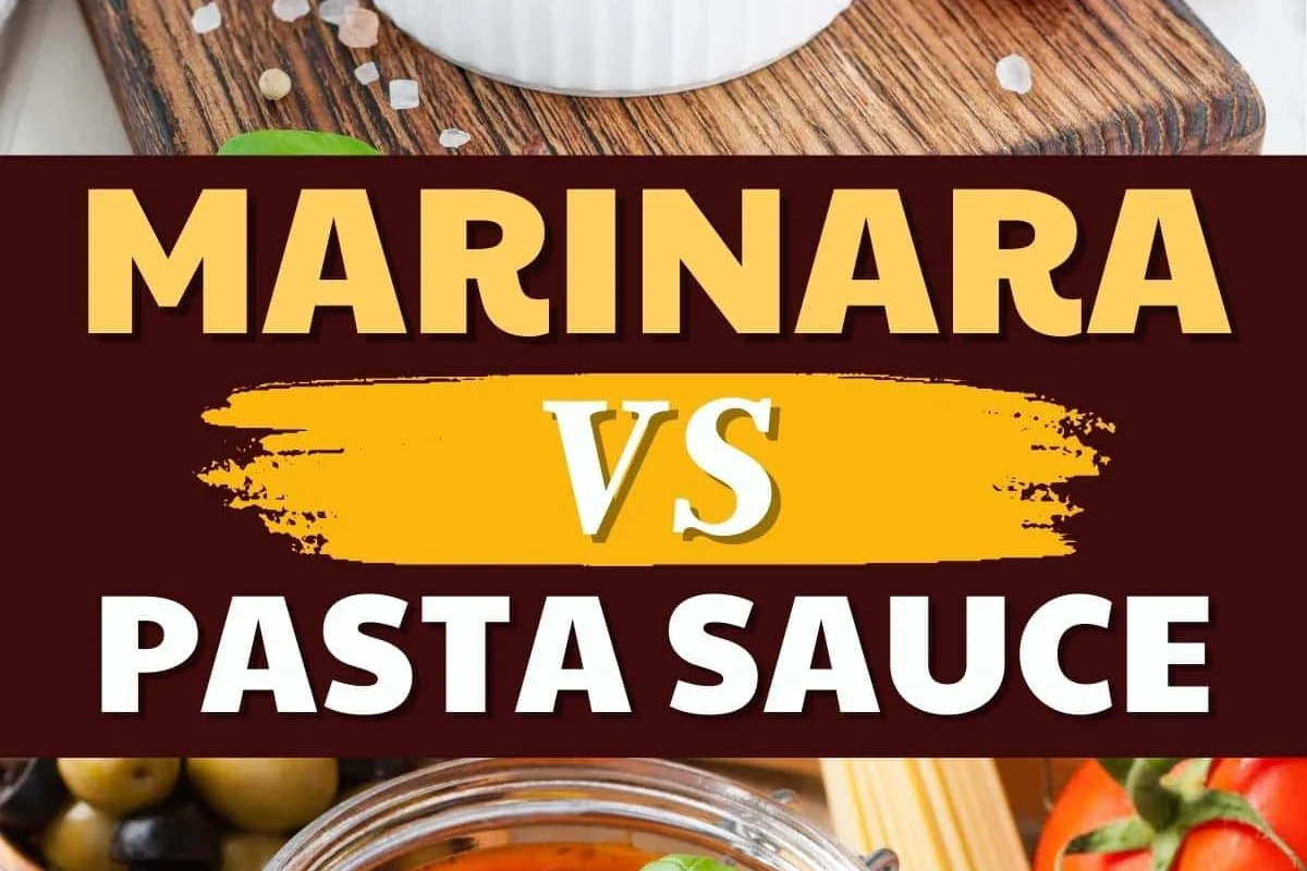 Two bowls of red tomato sauces, one light marinara and one thicker pasta sauce, on a kitchen counter