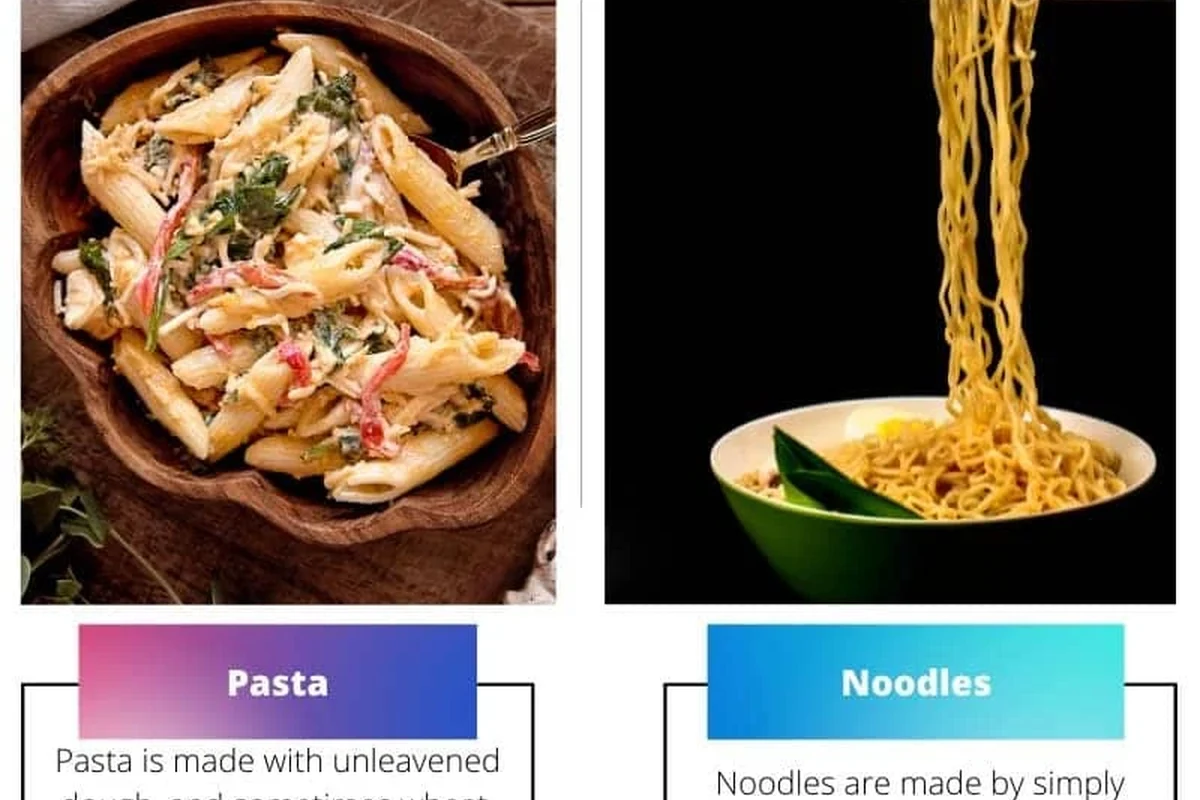 Pasta and noodles in bowls with different sauces, showing shape and texture differences