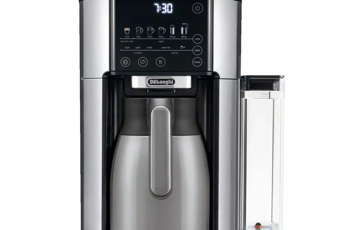 Agaro French press coffee maker with freshly brewed coffee on a kitchen counter