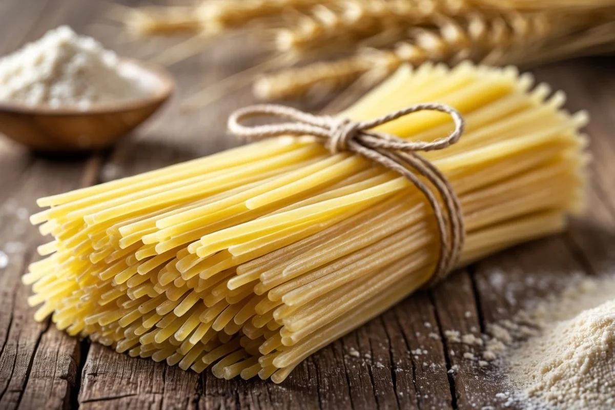 Bowl of durum semolina pasta with vegetables and light sauce on a kitchen table