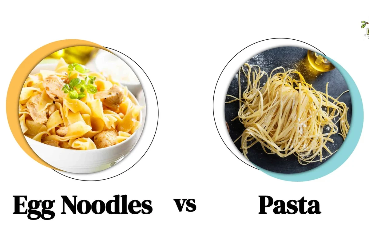 Bowl of egg noodles and pasta with vegetables on a kitchen counter