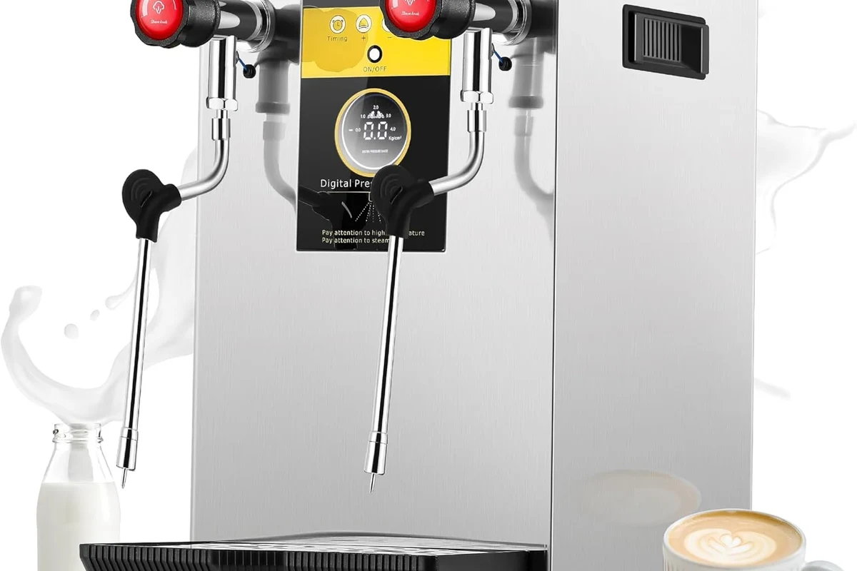 Beginner using an electric milk frother to make foam for coffee in a kitchen