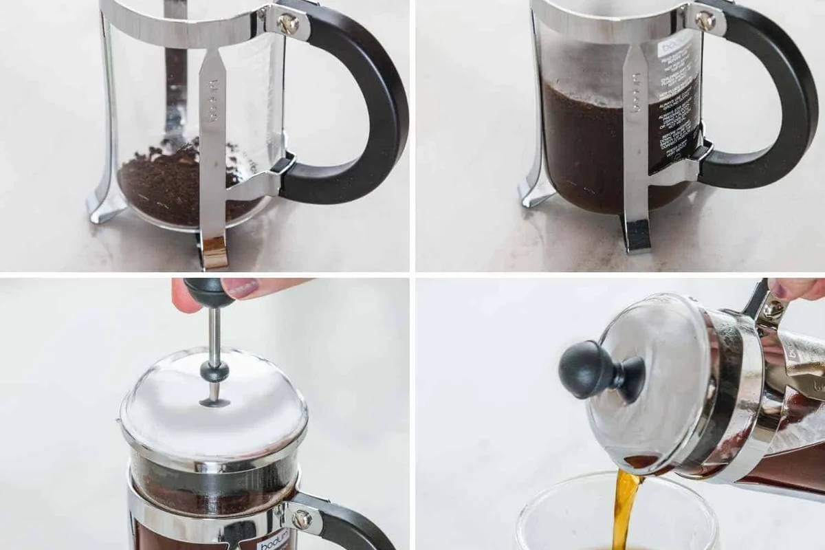 French press coffee maker beside a cup of brewed coffee on a kitchen counter