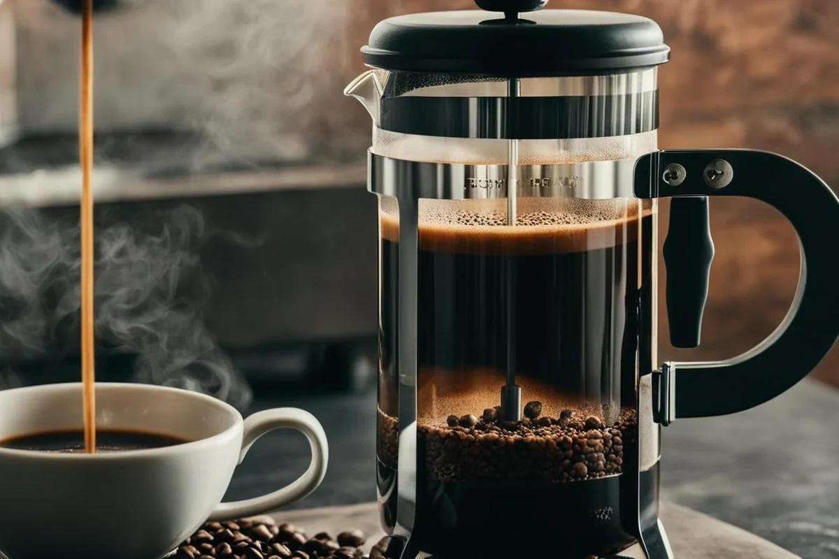 French press coffee maker with brewed coffee on a clean kitchen counter