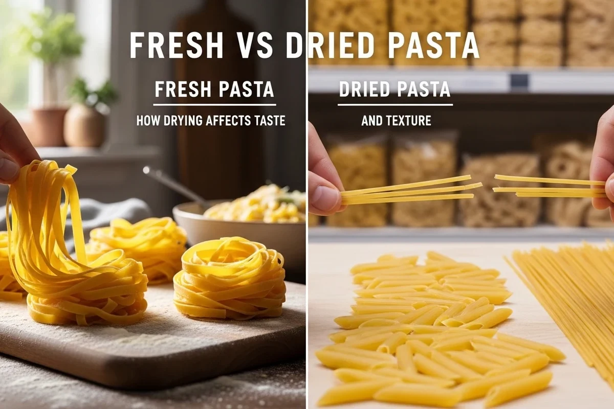 Fresh and dried pasta bowls with simple sauces on a kitchen counter