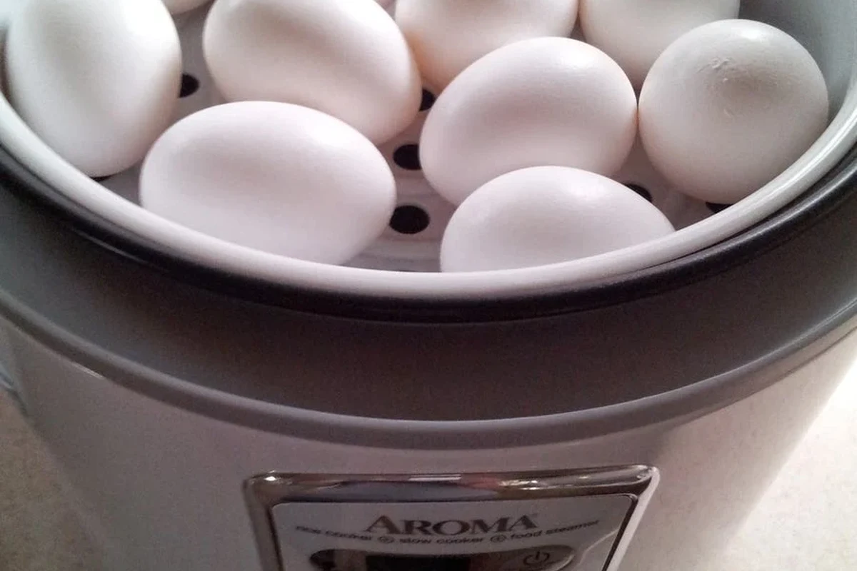 Rice cooker with eggs steaming beside a bowl of ice water on a kitchen counter