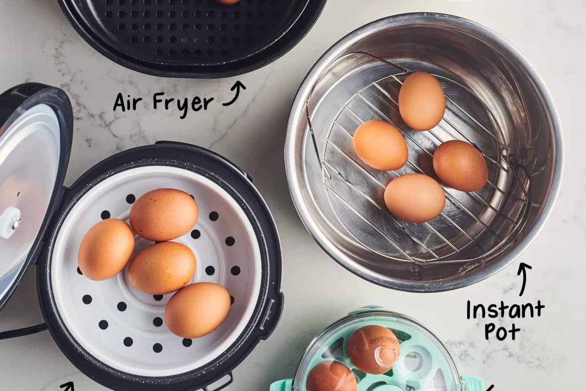 Rice cooker with eggs steaming beside a bowl of ice water on a kitchen counter