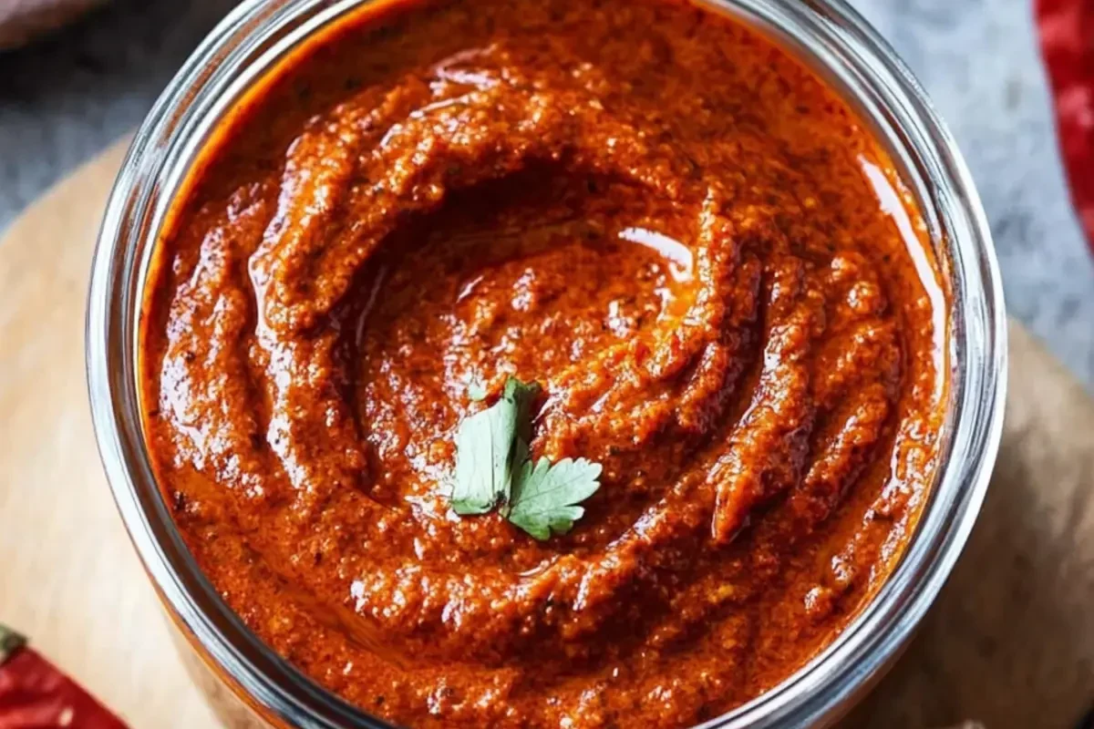 Harissa paste in a bowl with pasta, roasted vegetables, and olive oil on a kitchen counter