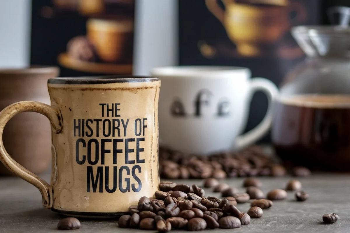 Vintage and modern coffee mugs arranged to show the history of mug design