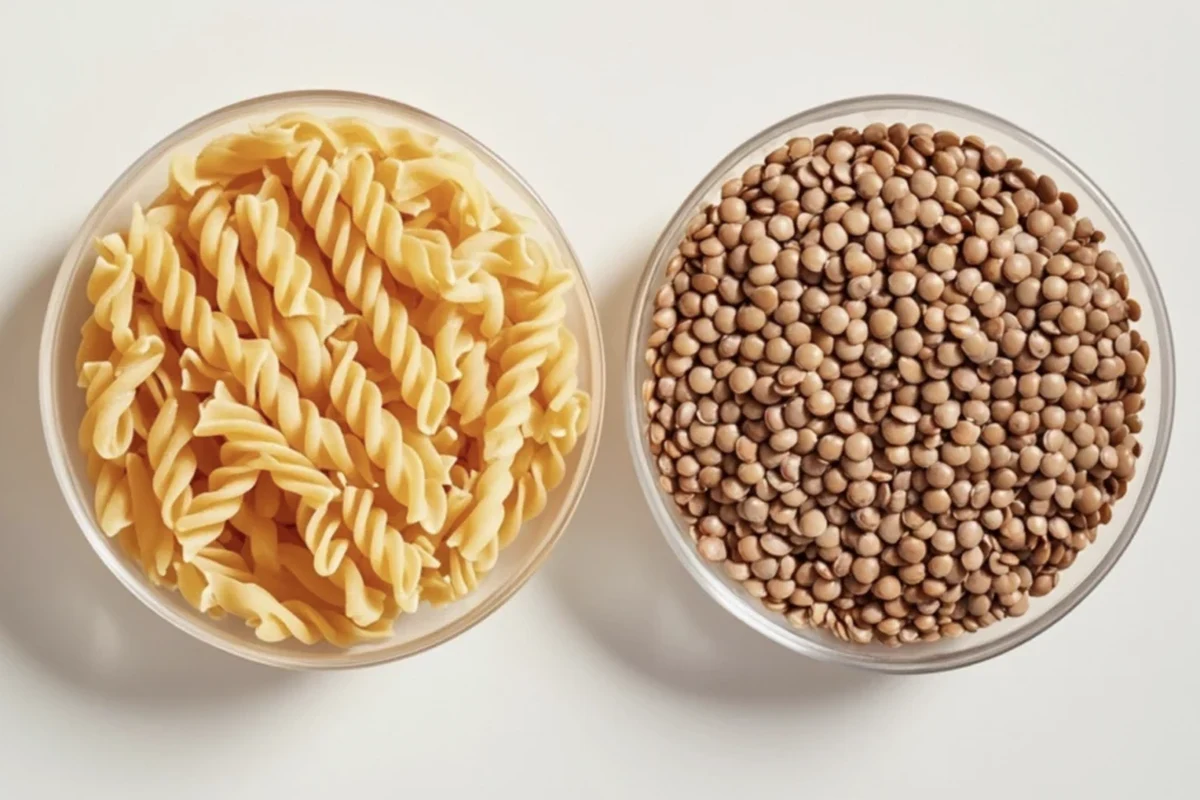 Bowl of lentil pasta with tomato sauce and vegetables in a bright home kitchen