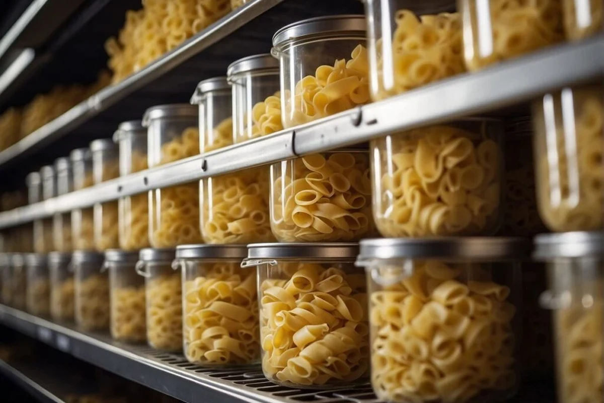Fresh pasta noodles stored in a sealed container with date label in a home kitchen
