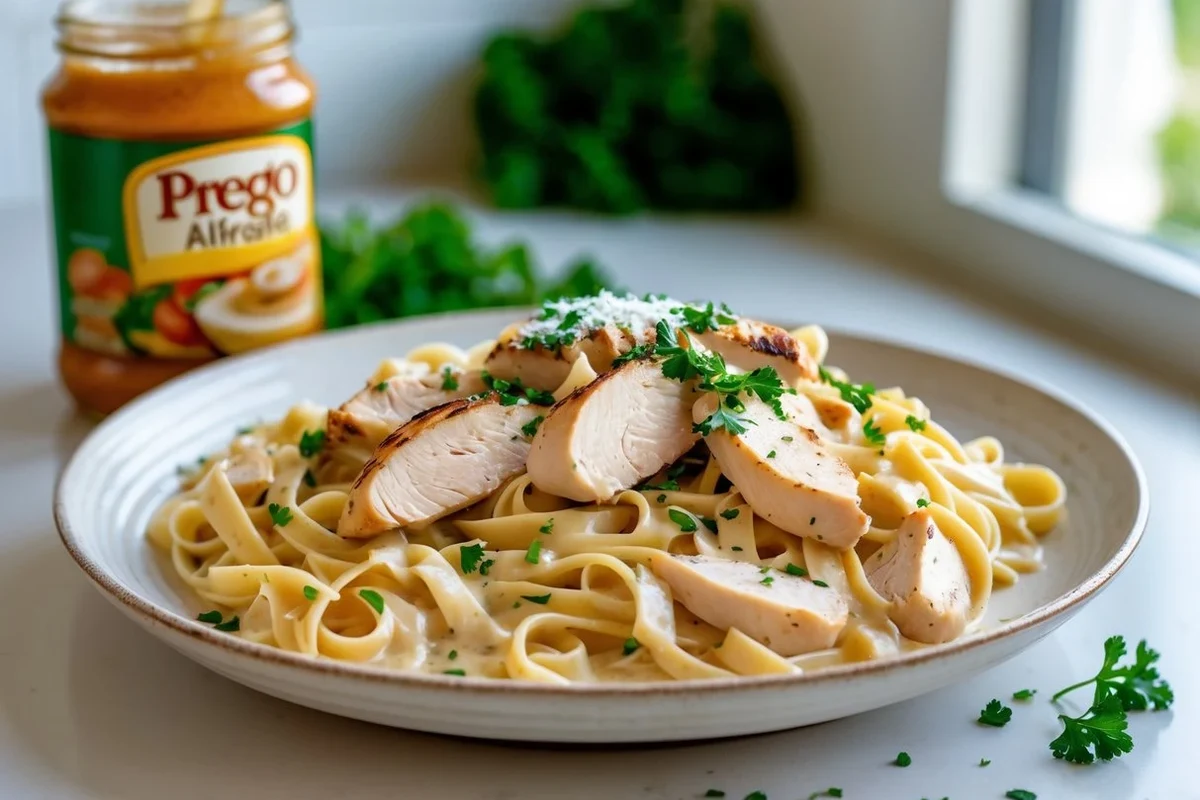 Creamy Alfredo pasta with jar sauce in a skillet beside Parmesan and garlic
