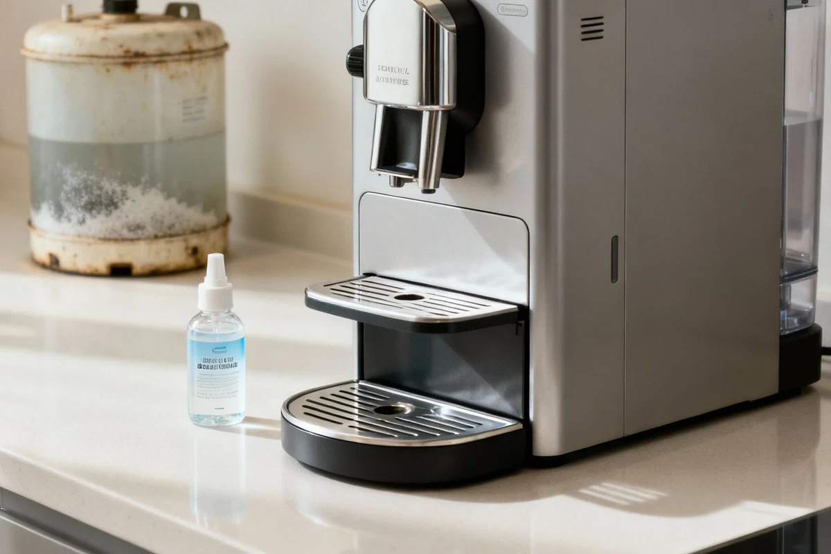Ceramic coffee mug with hot coffee on a kitchen counter beside coffee beans