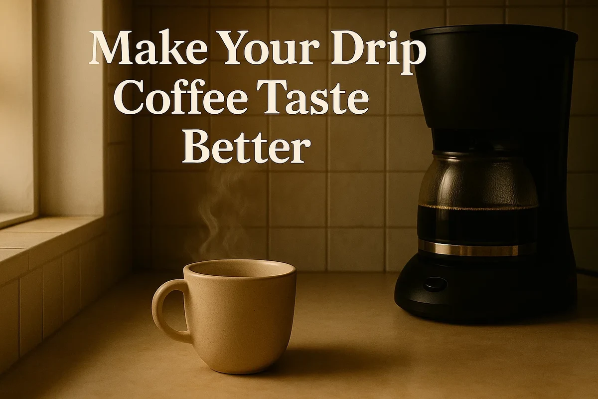 Ceramic coffee mug with hot coffee on a kitchen counter beside coffee beans
